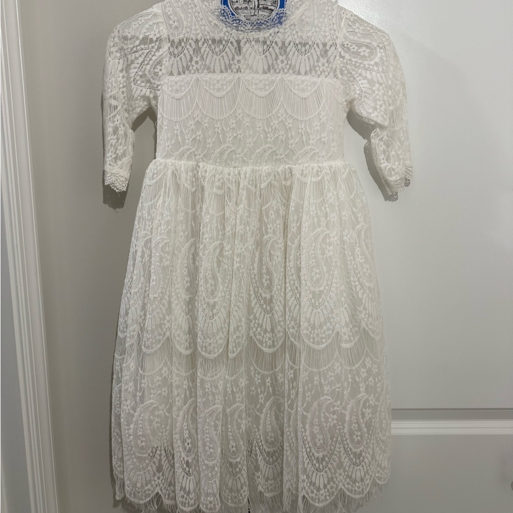Ivory Lace Girls' Formal Dress with Scallop Detail
